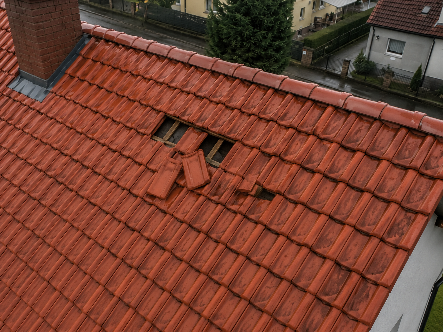 Viditelné jsou chybějící a posunuté tašky, odkrytá část podkladu a volně uložené fragmenty krytiny.